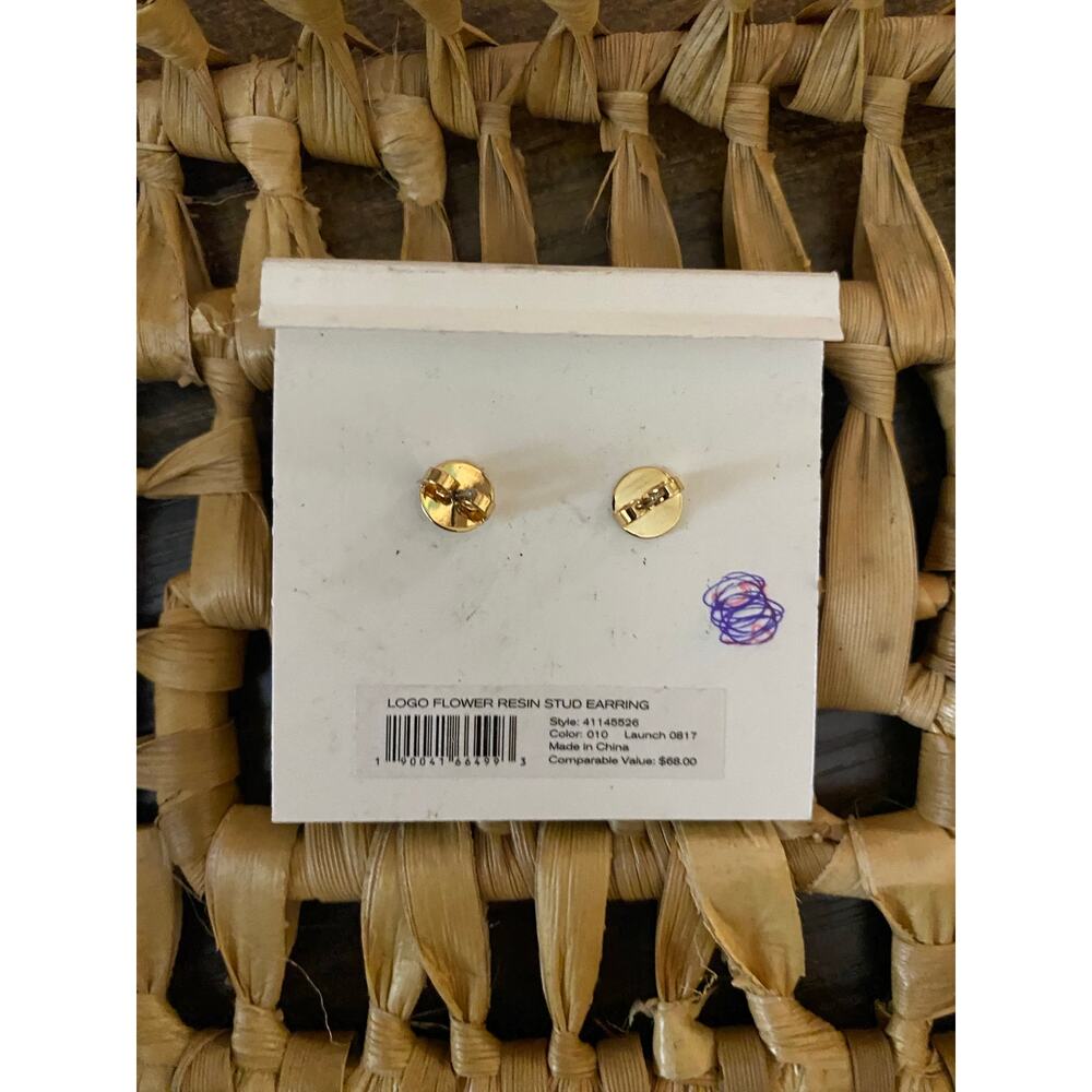 Tory Burch Logo Flower Resin Stud Earrings Black Gold Double T 41145526 NWT - Picture 3 of 5